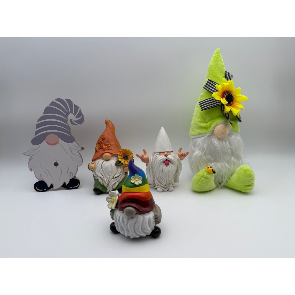 Lot of 5 Decorative Gnomes Plush Resin Wood Sunflower Rainbow Rock On F467